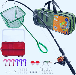 Amazon.com : Play22 Fishing Pole For Kids - 32 Set Kids Fishing Rod Combos  - Kids Fishing Poles Includes Fishing Tackle, Fishing Gear, Fishing Lures,  Net, Carry On Bag, Fully Fishing Equipment -